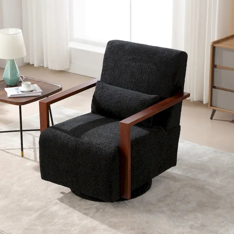 Fauteuil pivotant rembourré en bouclette du milieu du siècle avec coussin