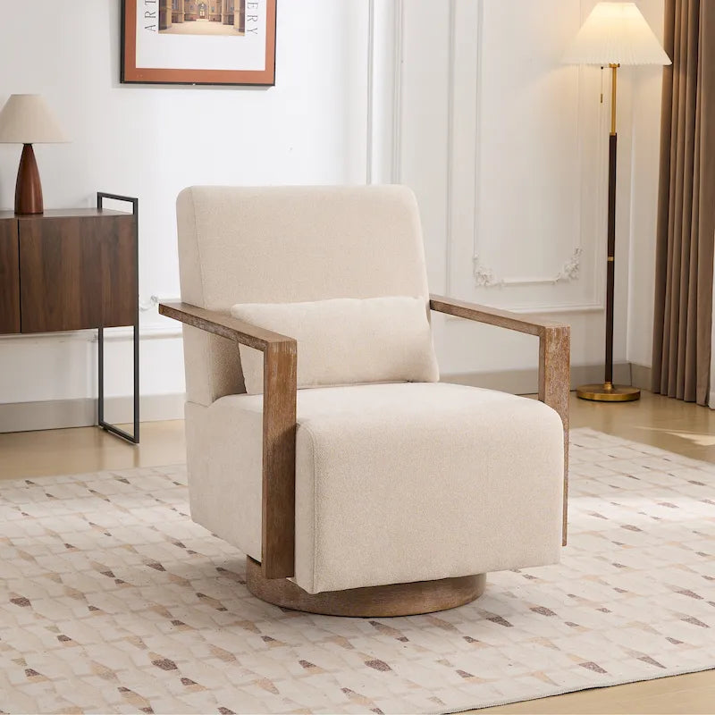 Fauteuil pivotant rembourré en bouclette du milieu du siècle avec coussin