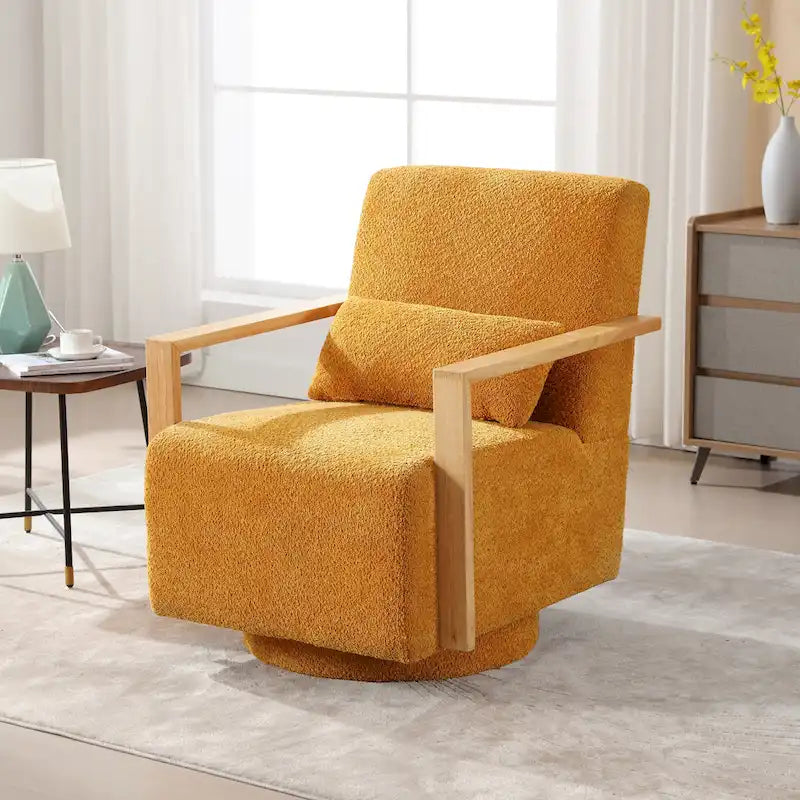 Fauteuil pivotant rembourré en bouclette du milieu du siècle avec coussin