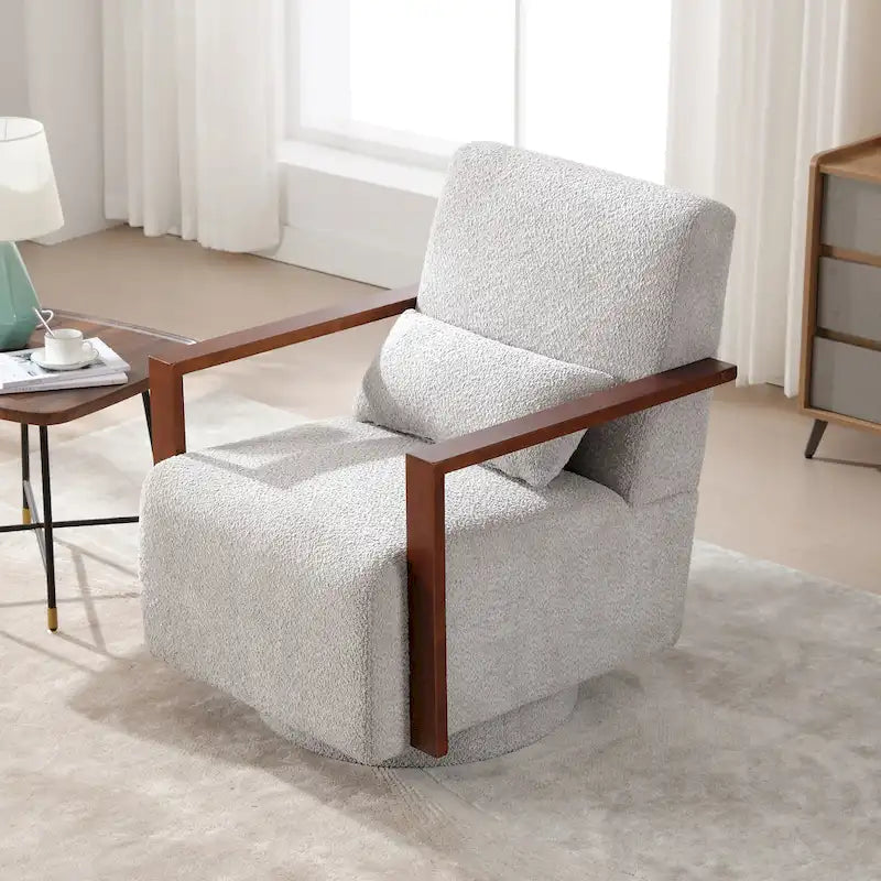 Fauteuil pivotant rembourré en bouclette du milieu du siècle avec coussin