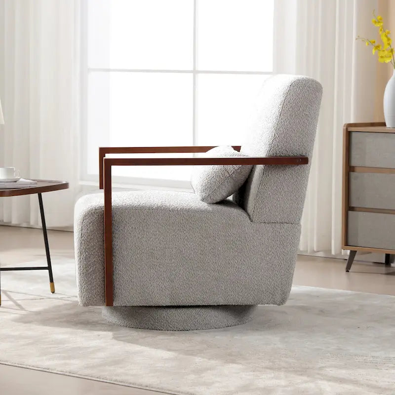 Fauteuil pivotant rembourré en bouclette du milieu du siècle avec coussin