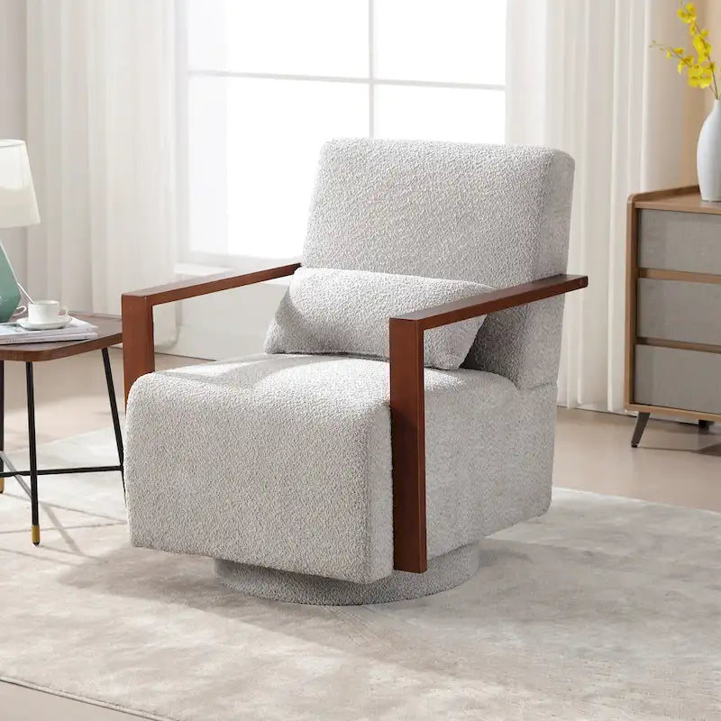 Fauteuil pivotant rembourré en bouclette du milieu du siècle avec coussin