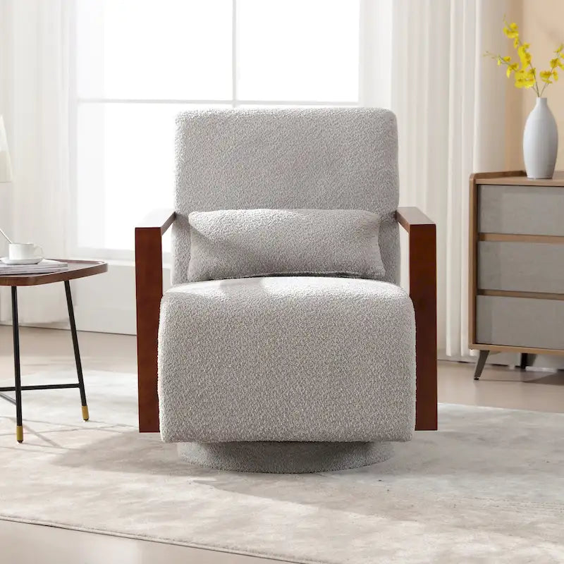 Fauteuil pivotant rembourré en bouclette du milieu du siècle avec coussin
