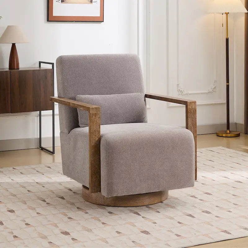 Fauteuil pivotant rembourré en bouclette du milieu du siècle avec coussin