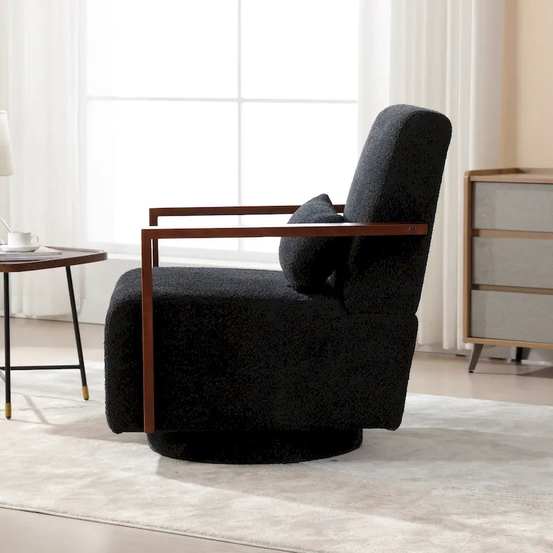 Fauteuil pivotant rembourré en bouclette du milieu du siècle avec coussin