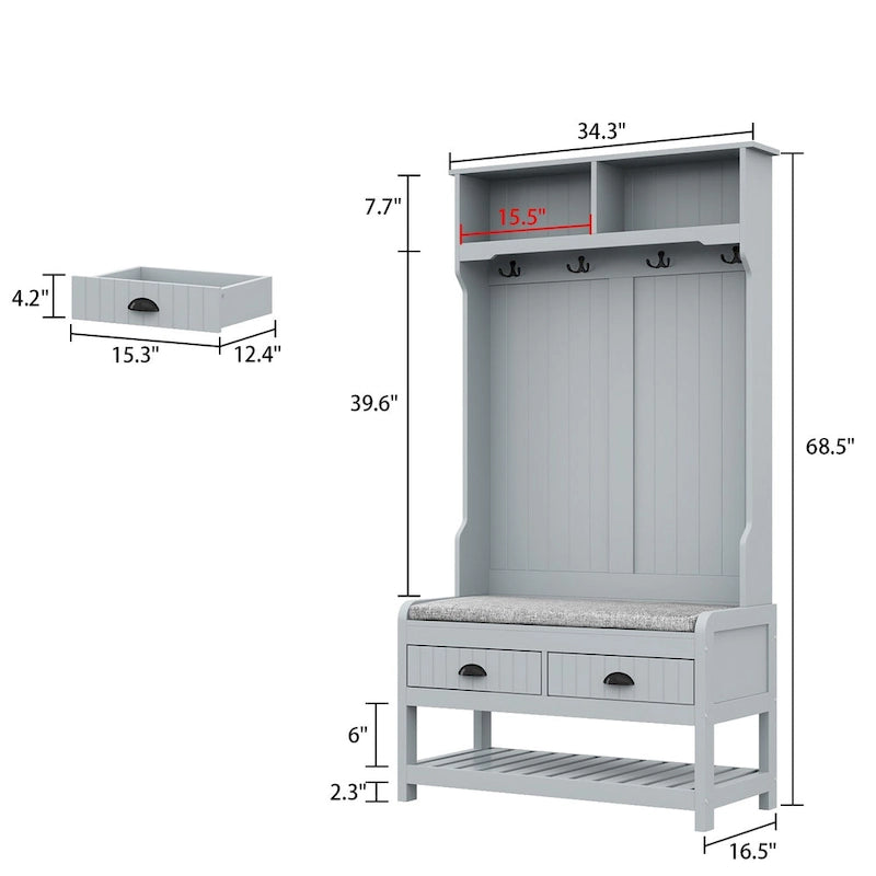 34.3 Meuble d'entrée large avec banc et rangement à chaussures