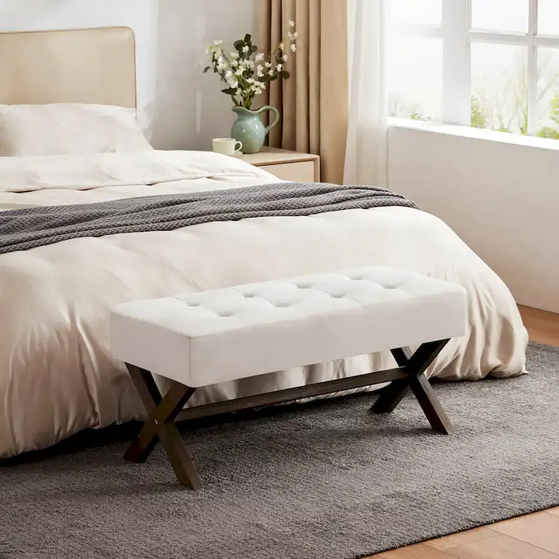 Banc d'entrée en tissu beige/gris/blanc avec pieds en X, 89 cm