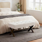 Banc d'entrée en tissu beige/gris/blanc avec pieds en X, 89 cm
