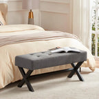 Banc d'entrée en tissu beige/gris/blanc avec pieds en X, 89 cm