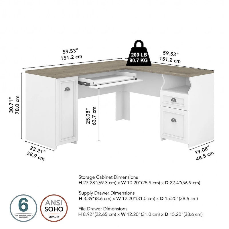 Bureau d'angle en L de 152,4 cm (avec tiroirs et armoire de rangement)