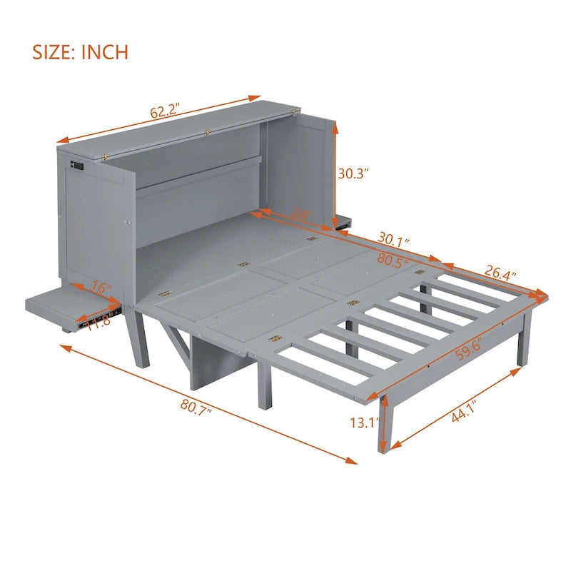 Lit escamotable Queen Size avec port USB et étagères amovibles de chaque côté, Gris