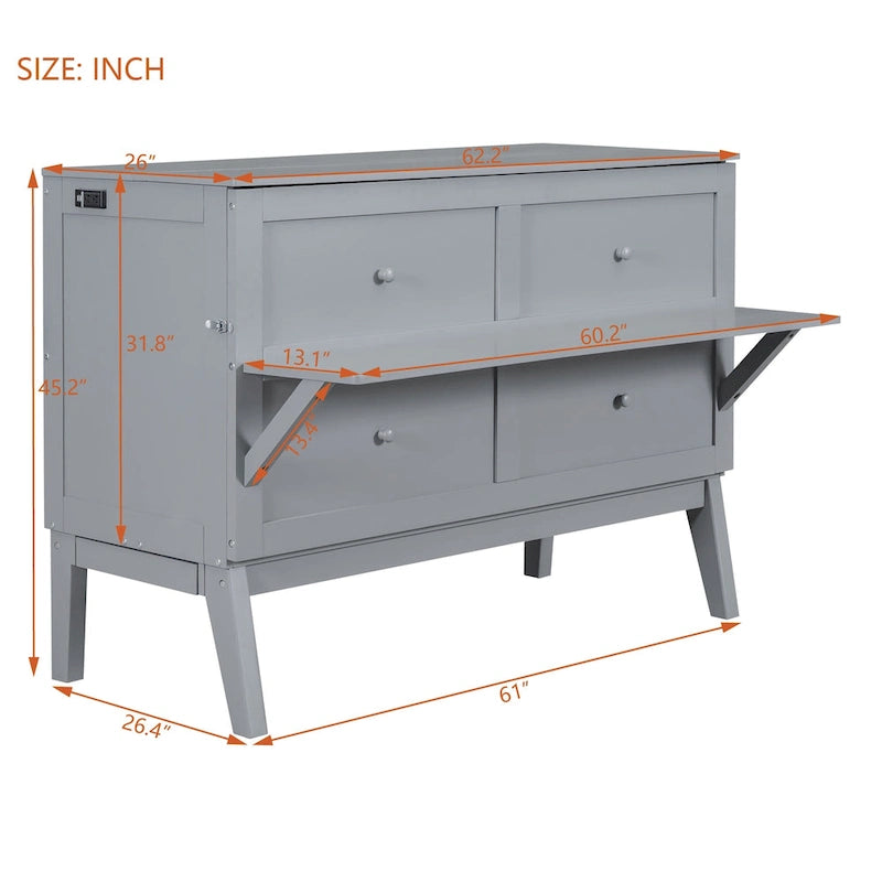 Lit escamotable Queen Size avec port USB et étagères amovibles de chaque côté, Gris