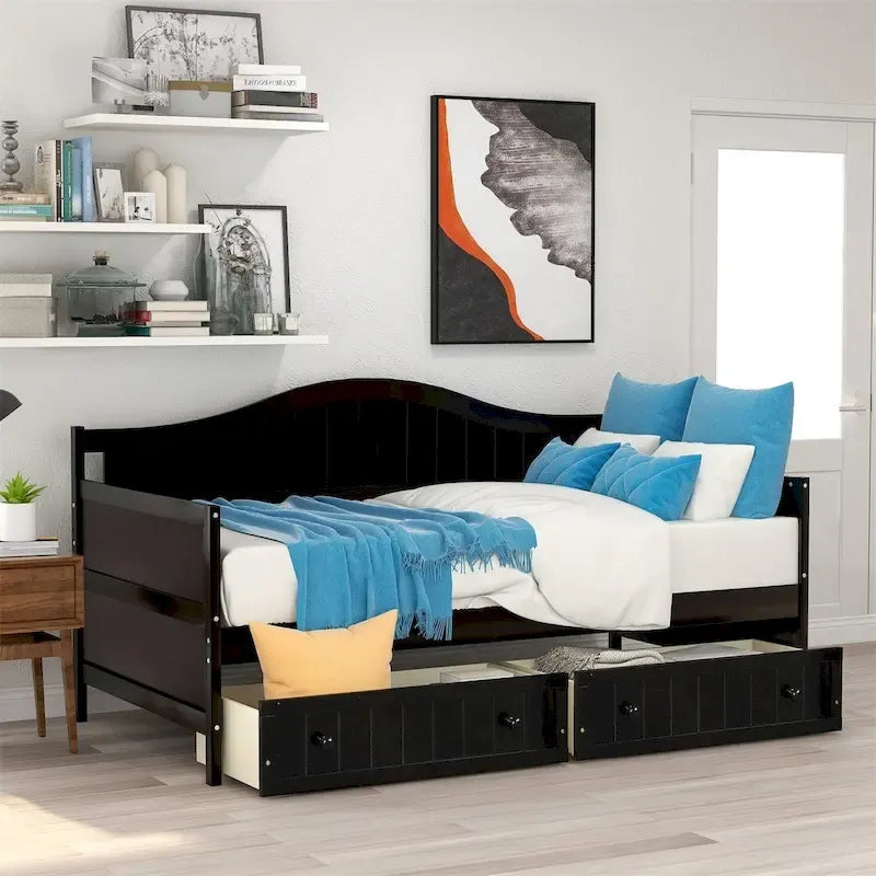 Lit de repos double en bois avec 2 tiroirs