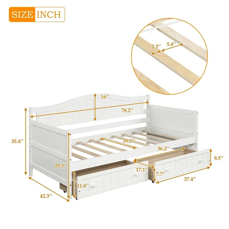 Lit de repos double en bois avec 2 tiroirs