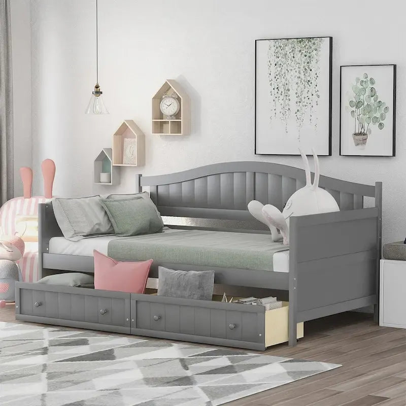 Lit de repos double en bois avec 2 tiroirs