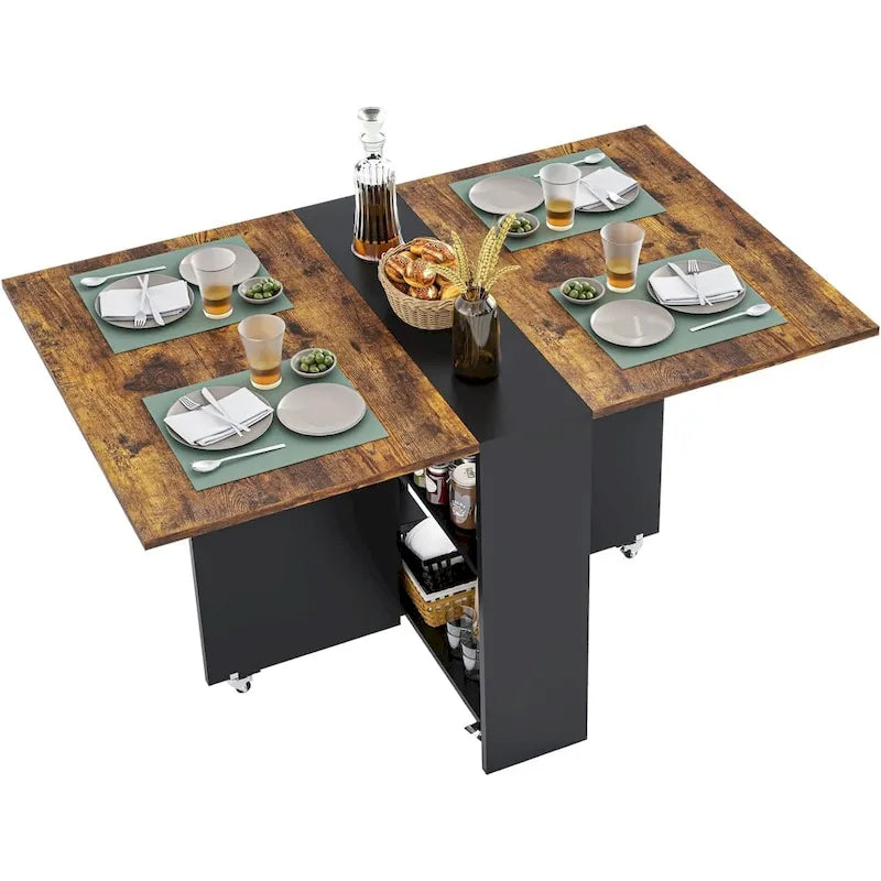 Table à manger pliante avec 6 roues et plateaux rabattables
