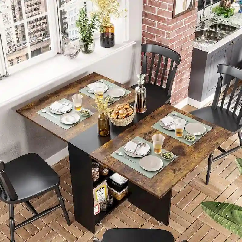 Table à manger pliante avec 6 roues et plateaux rabattables