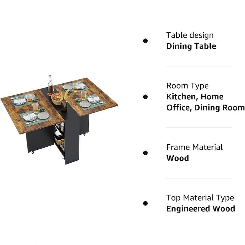 Table à manger pliante avec 6 roues et plateaux rabattables