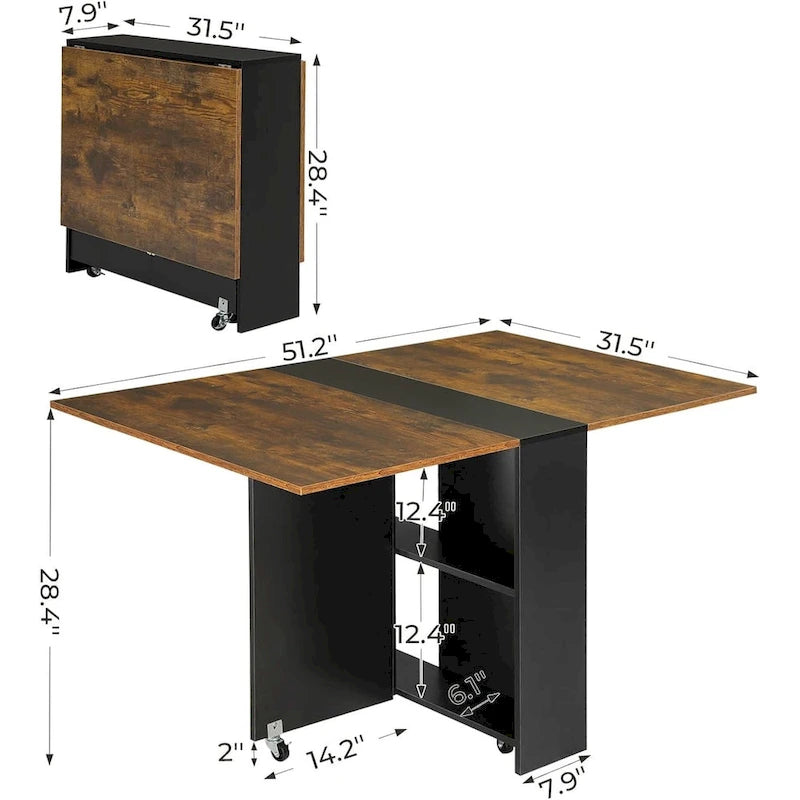 Table à manger pliante avec 6 roues et plateaux rabattables
