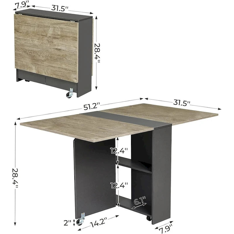 Table à manger pliante avec 6 roues et plateaux rabattables