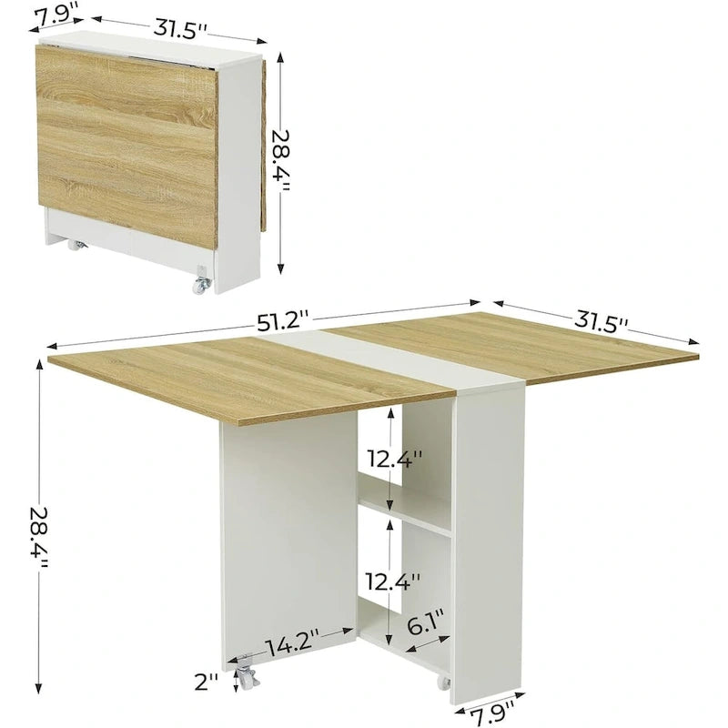 Table à manger pliante avec 6 roues et plateaux rabattables