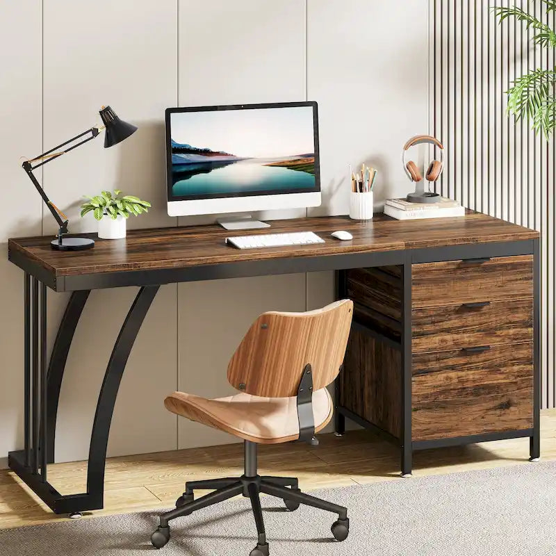 Bureau d'ordinateur réversible de 150 cm avec meuble à 3 tiroirs, poste de travail industriel pour le bureau à domicile ou la chambre à coucher
