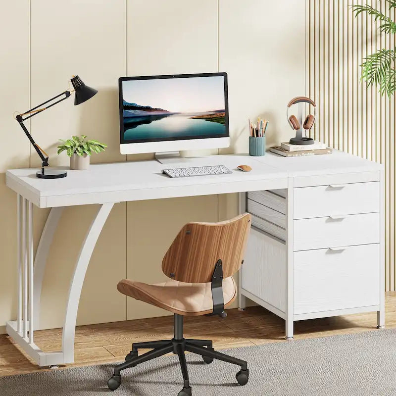 Bureau d'ordinateur réversible de 150 cm avec meuble à 3 tiroirs, poste de travail industriel pour le bureau à domicile ou la chambre à coucher