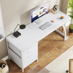 Bureau d'ordinateur réversible de 150 cm avec meuble à 3 tiroirs, poste de travail industriel pour le bureau à domicile ou la chambre à coucher