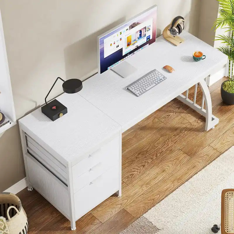 Bureau d'ordinateur réversible de 150 cm avec meuble à 3 tiroirs, poste de travail industriel pour le bureau à domicile ou la chambre à coucher