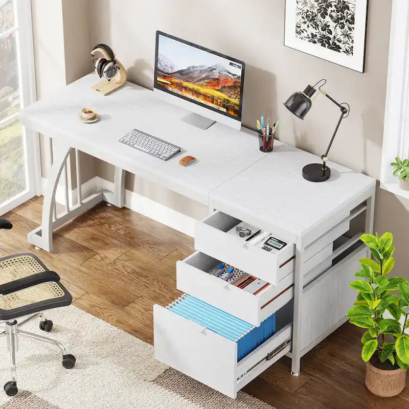 Bureau d'ordinateur réversible de 150 cm avec meuble à 3 tiroirs, poste de travail industriel pour le bureau à domicile ou la chambre à coucher