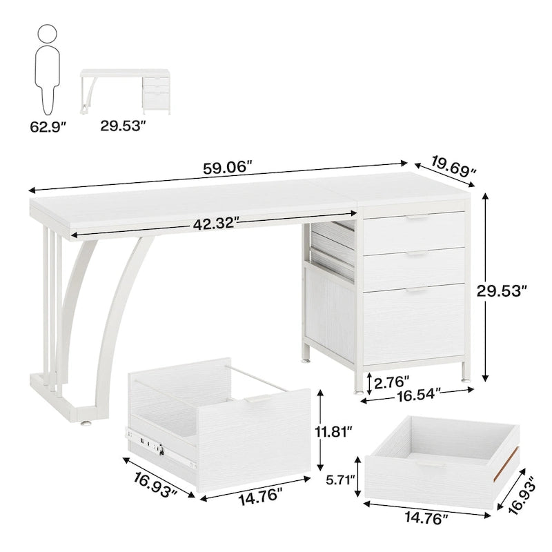 Bureau d'ordinateur réversible de 150 cm avec meuble à 3 tiroirs, poste de travail industriel pour le bureau à domicile ou la chambre à coucher