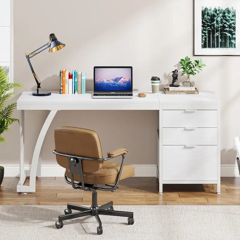 Bureau d'ordinateur réversible de 150 cm avec meuble à 3 tiroirs, poste de travail industriel pour le bureau à domicile ou la chambre à coucher