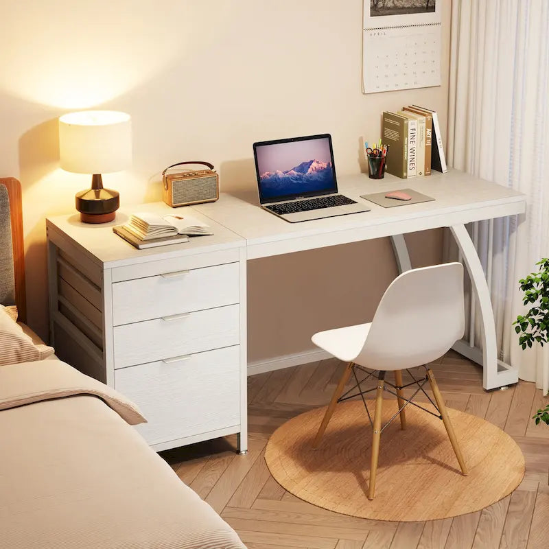 Bureau d'ordinateur réversible de 150 cm avec meuble à 3 tiroirs, poste de travail industriel pour le bureau à domicile ou la chambre à coucher