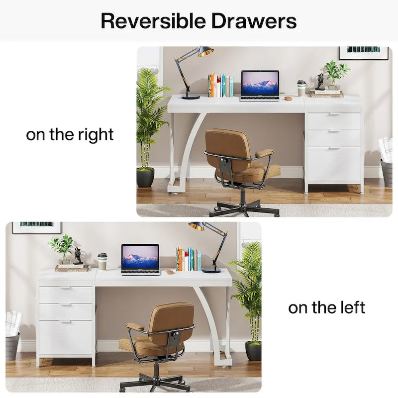 Bureau d'ordinateur réversible de 150 cm avec meuble à 3 tiroirs, poste de travail industriel pour le bureau à domicile ou la chambre à coucher