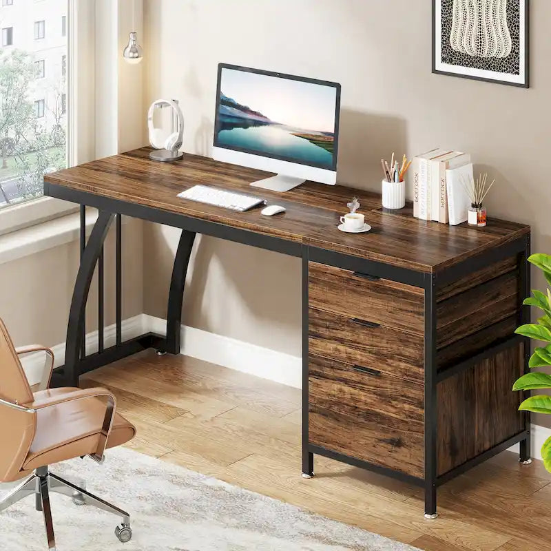 Bureau d'ordinateur réversible de 150 cm avec meuble à 3 tiroirs, poste de travail industriel pour le bureau à domicile ou la chambre à coucher