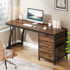 Bureau d'ordinateur réversible de 150 cm avec meuble à 3 tiroirs, poste de travail industriel pour le bureau à domicile ou la chambre à coucher