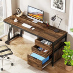 Bureau d'ordinateur réversible de 150 cm avec meuble à 3 tiroirs, poste de travail industriel pour le bureau à domicile ou la chambre à coucher