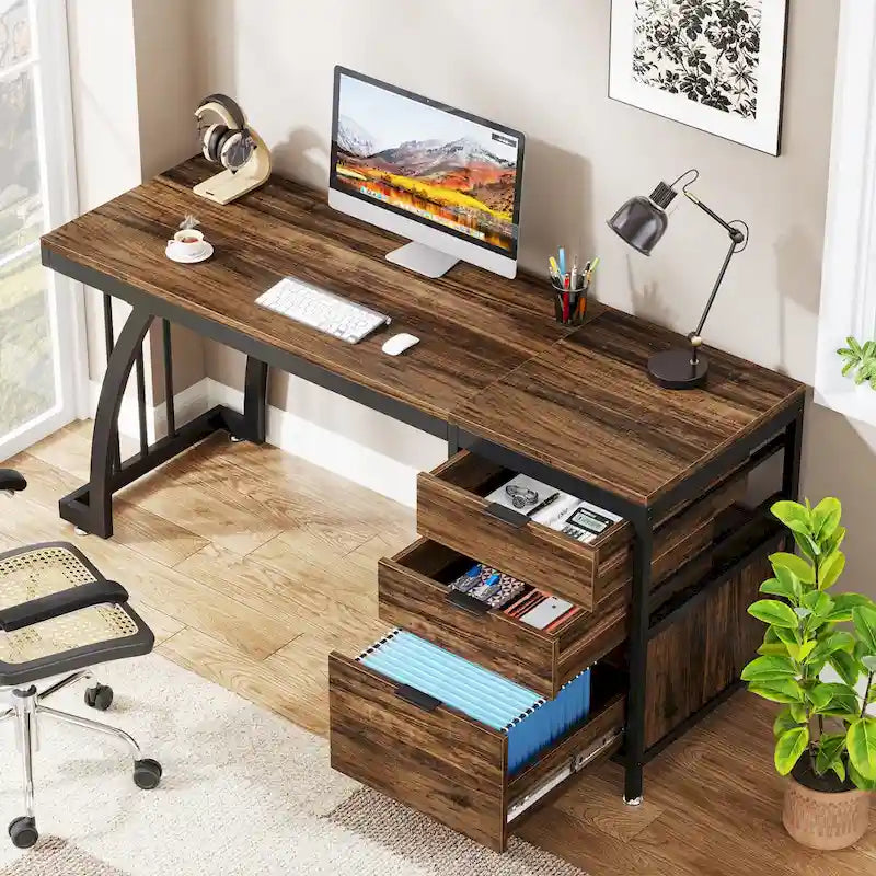 Bureau d'ordinateur réversible de 150 cm avec meuble à 3 tiroirs, poste de travail industriel pour le bureau à domicile ou la chambre à coucher