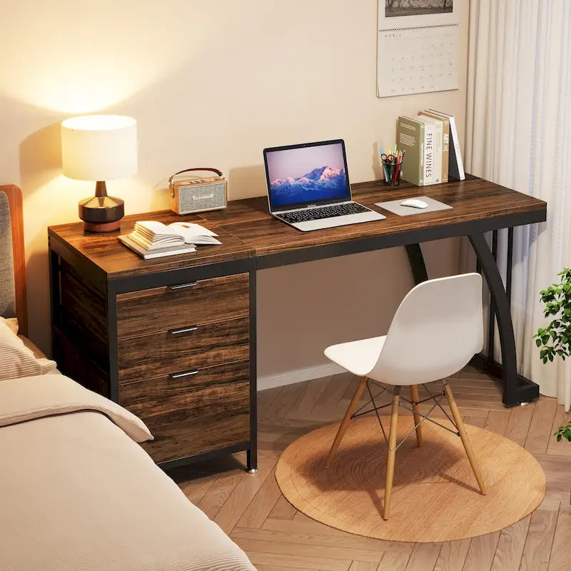 Bureau d'ordinateur réversible de 150 cm avec meuble à 3 tiroirs, poste de travail industriel pour le bureau à domicile ou la chambre à coucher