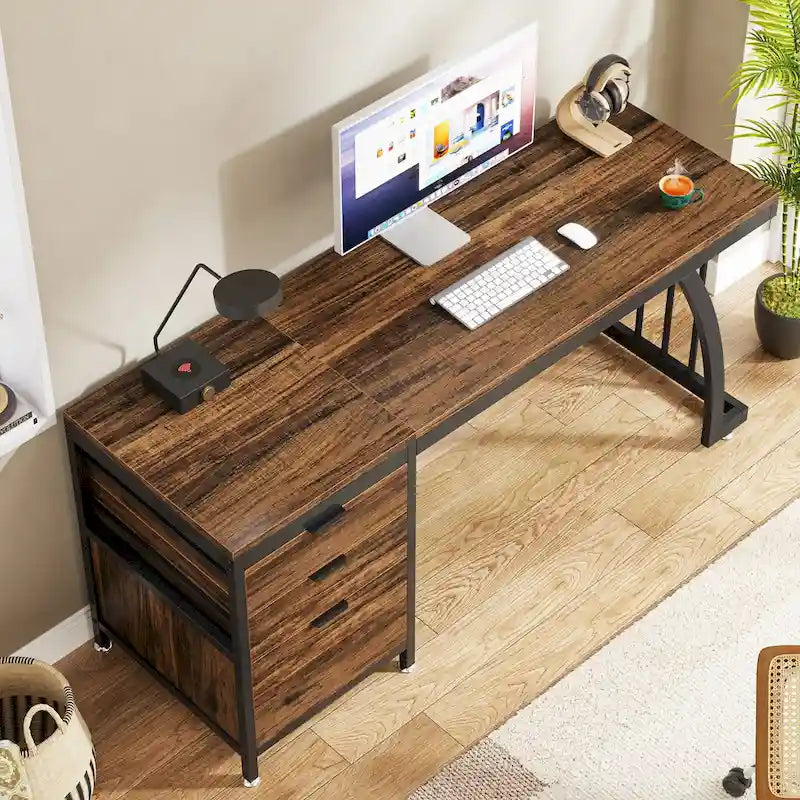 Bureau d'ordinateur réversible de 150 cm avec meuble à 3 tiroirs, poste de travail industriel pour le bureau à domicile ou la chambre à coucher