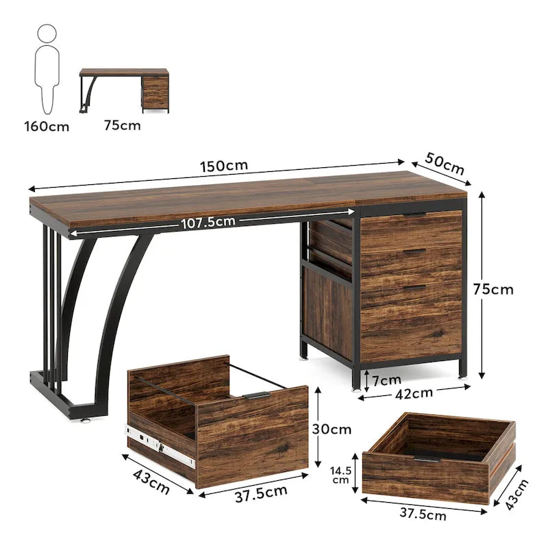 Bureau d'ordinateur réversible de 150 cm avec meuble à 3 tiroirs, poste de travail industriel pour le bureau à domicile ou la chambre à coucher