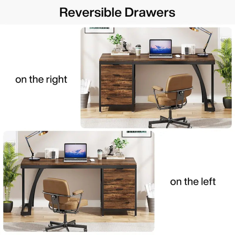Bureau d'ordinateur réversible de 150 cm avec meuble à 3 tiroirs, poste de travail industriel pour le bureau à domicile ou la chambre à coucher