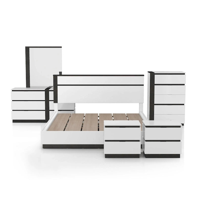 Ensemble de 6 meubles de chambre à coucher modernes en bois massif blanc avec plateforme (avec ports USB)