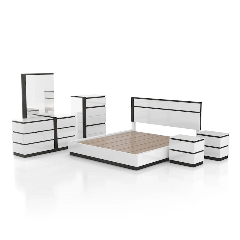 Ensemble de 6 meubles de chambre à coucher modernes en bois massif blanc avec plateforme (avec ports USB)