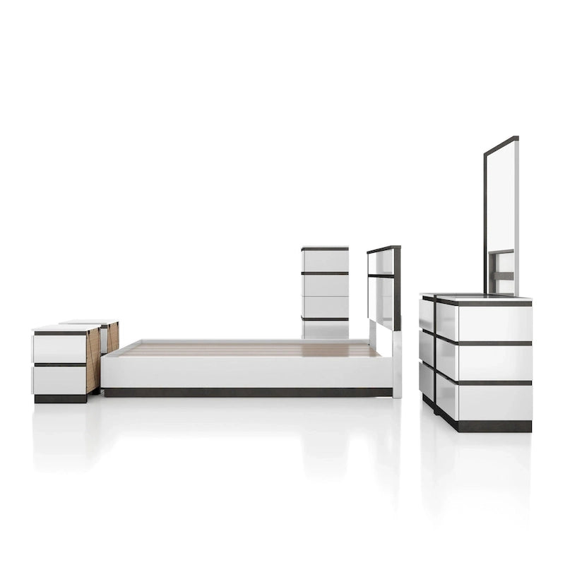 Ensemble de 6 meubles de chambre à coucher modernes en bois massif blanc avec plateforme (avec ports USB)