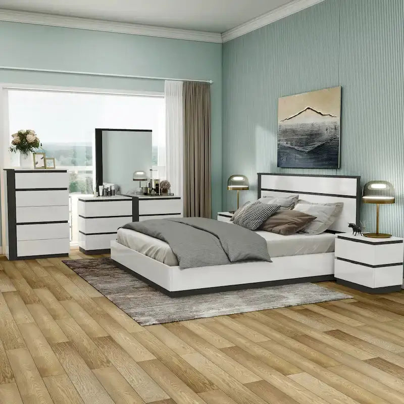 Ensemble de 6 meubles de chambre à coucher modernes en bois massif blanc avec plateforme (avec ports USB)
