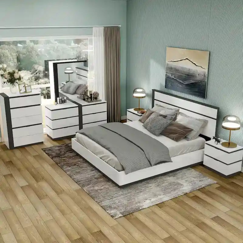 Ensemble de 6 meubles de chambre à coucher modernes en bois massif blanc avec plateforme (avec ports USB)