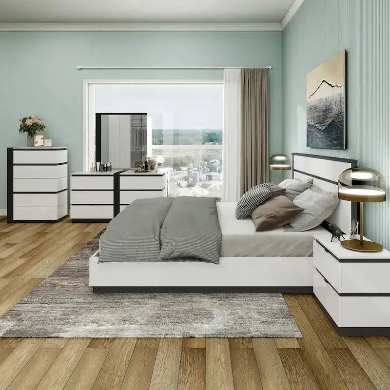 Ensemble de 6 meubles de chambre à coucher modernes en bois massif blanc avec plateforme (avec ports USB)