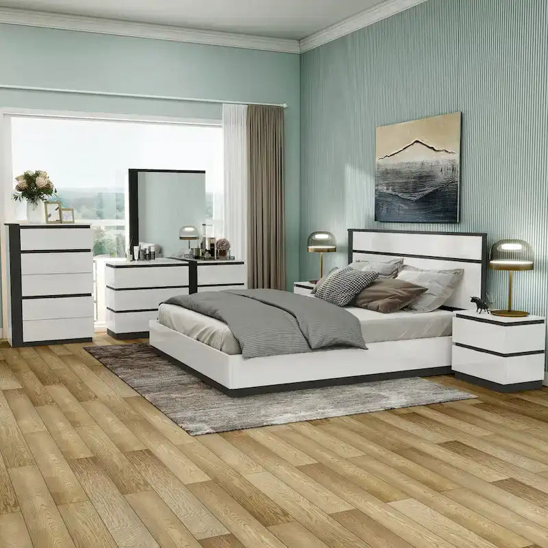 Ensemble de 6 meubles de chambre à coucher modernes en bois massif blanc avec plateforme (avec ports USB)