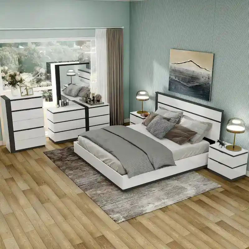 Ensemble de 6 meubles de chambre à coucher modernes en bois massif blanc avec plateforme (avec ports USB)